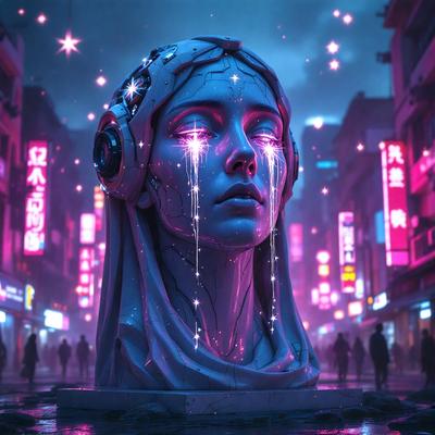 The primary subject of the image is a statue of a woman with purple eyes and a purple headband. The statue is located in a city setting, surrounded by buildings and a street. The visual style of the image is a combination of photo and digital art, creating a unique and intriguing scene. The colors and mood of the image are predominantly purple, giving it a mysterious and captivating atmosphere.